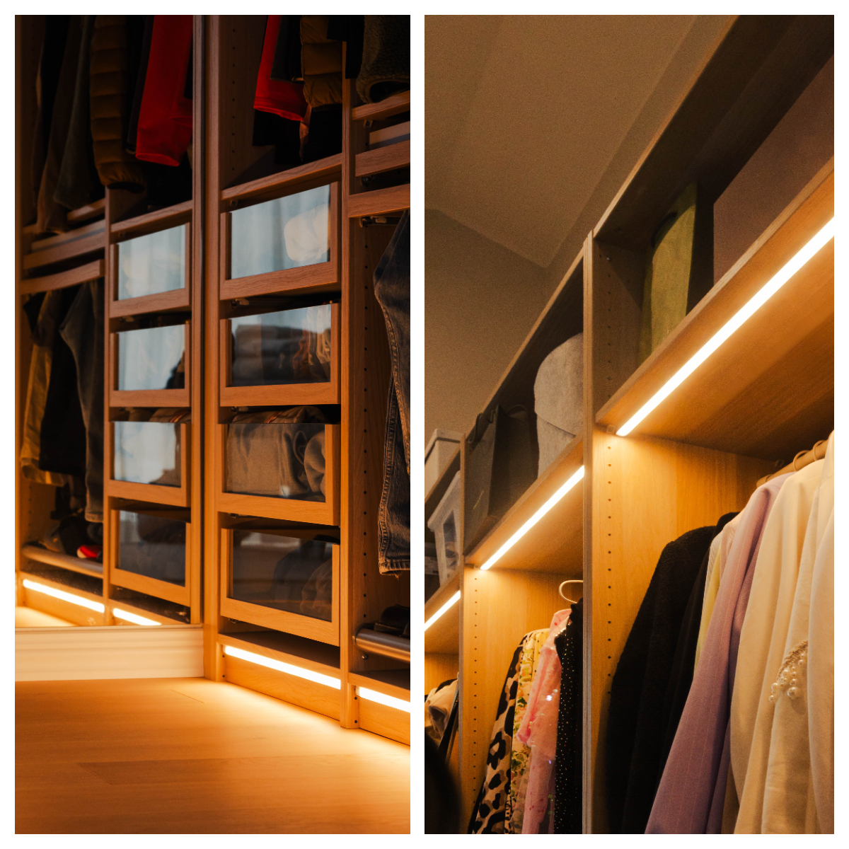 Wardrobe lighting in the walk-in closet is provided by LED strips installed above the clothing rods and along the baseboard.