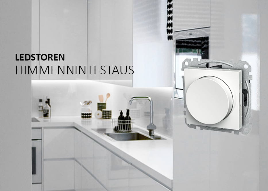 Close-up of a wall-mounted LED light dimmer switch in a modern kitchen with glossy white cabinets and countertops. Text: "LEDSTOREN" and "HIMMENNINTESTAUS.