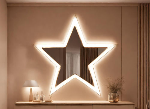 LedStore.fi-verkkokaupan valikoimasta löydät tähtimuotoisen peilin, jossa on tyylikäs LED-taustavalaistus ja joka luo upean ilmeen vaalealle seinälle. Peilin alla oleva senkki on sisustettu lampulla, useilla kauniilla lasipulloilla sekä kuivakukkia sisältävällä maljakolla. Koko tila huokuu lämpöistä ja kodikasta tunnelmaa, jonka voit luoda helposti LedStore.fi:n laadukkaalla LED-valaistuksella.