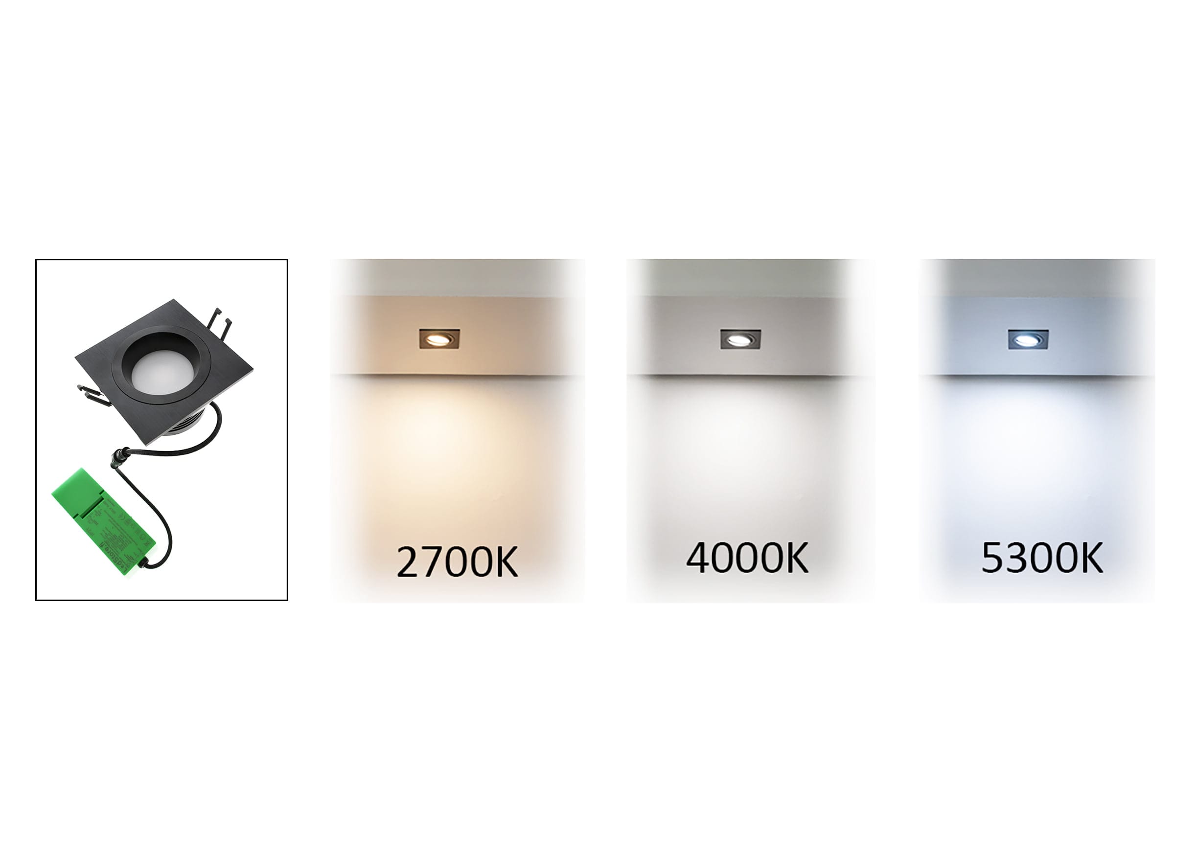 Square LED downlight comparison: 2700K warm white, 4000K cool white, 5300K daylight; includes installation kit for versatile lighting options.
