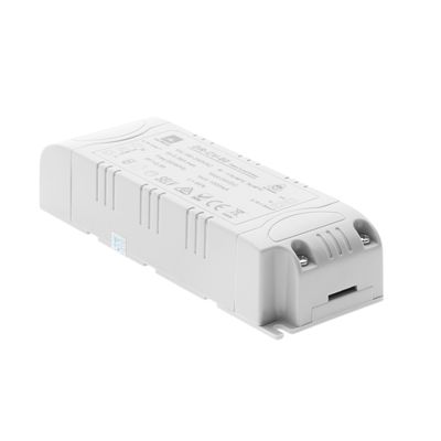 LED lighting electronics with labels, white housing and curved edges on a flat background, ideal for modern lighting solutions.