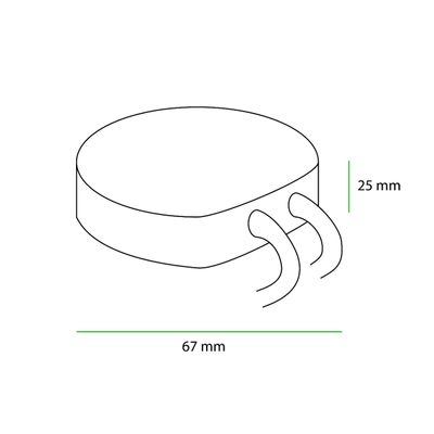 Line drawing of a cylindrical LED controller, diameter 67 mm, height 25 mm, with two side wires. Ideal for LED lighting installations.