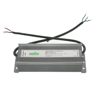 Silver coloured TRIAC dimmer LED controller with attached wires, displaying technical labels and specifications for efficient lighting control.