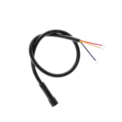 Twisted black cable with connector and visible red, yellow, black wires on a white background - LED lighting accessory for efficient installation.