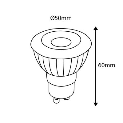 Image of LED lamp: diameter 50 mm, height 60 mm, base GU10. Energy efficient LED lighting for home and business lighting.