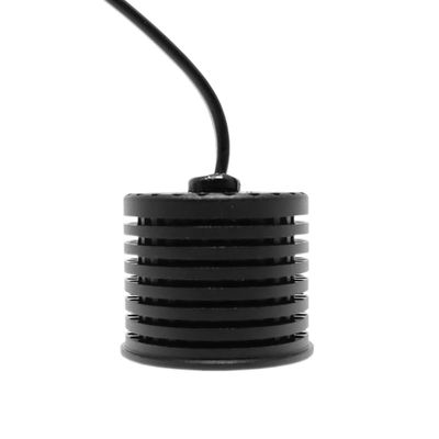 Black cylindrical LED component with horizontal grooves and top wire, ideal for efficient lighting solutions.