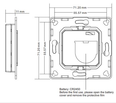 Diagram showing the dimensions, side and front views of a square LED lighting fixture. Notes include battery type CR2450 and removal of protective film.