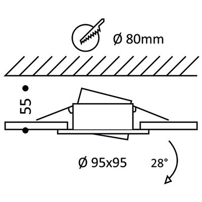 Recessed adjustable ceiling light pattern: 80 mm aperture, 95x95 mm fitting, 55 mm depth, 28° angle adjustment for LED lighting movement SEO.