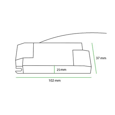 Geometric line drawing with dimensions 102x25x37mm, showing angled edges. Ideal for LED lighting shop SEO and product visualisation.